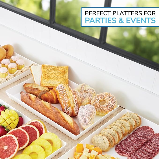 US Acrylic White Plastic Serving Trays (Set of 4) 15??x 10??| Large Unbreakable Reusable Rectangular Party Platters | Serve Appetizers, Fruit, Veggies, & Desserts | BPA-Free & Made in USA