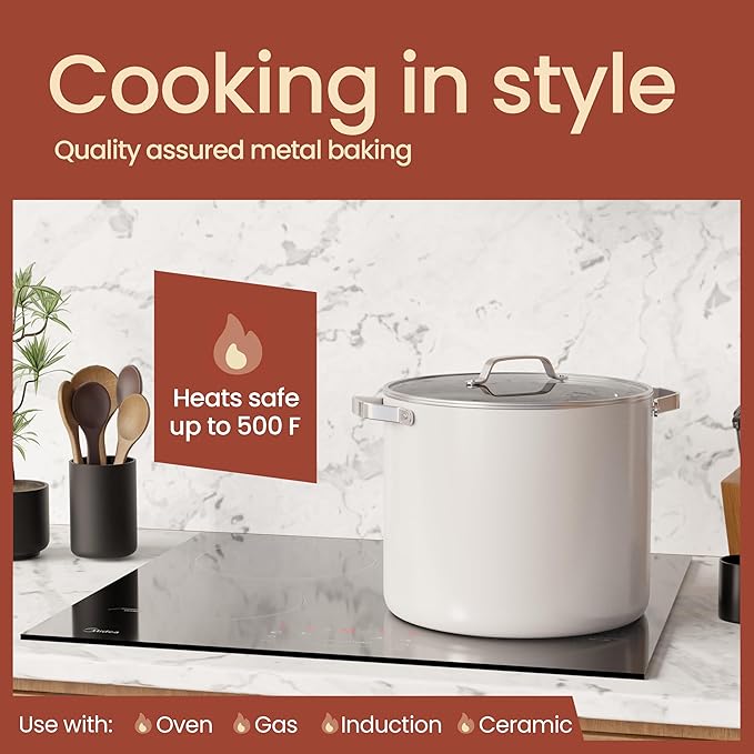 Bakken 16 Quart Ceramic Coated Stock Pot with Lid, Easy Clean Nonstick Pot, Tempered Glass Lid, Riveted Stainless Steel Handles, Oven Safe Up To 500째F, PTFE & PFAS Free, All Stove Compatible, Cream