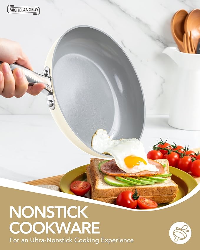 MICHELANGELO Pots and Pans Set Non Stick - Ceramic Cookware Set Non Toxic, 8-Pcs Nonstick Pots and Pans with Ergonomic Handle, Dishwasher Safe & Induction Compatible, Cream