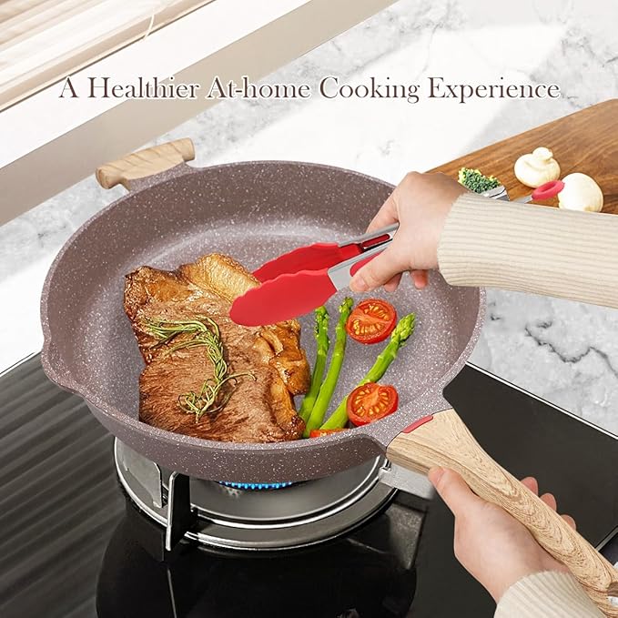 2-In-1 Ceramic Nonstick Deep Frying Pan Skillet, 12.5 Inch Saute Pan with Lid Non Toxic, PTFE & PFOA Free, Compatible with All Stovetops- Brown