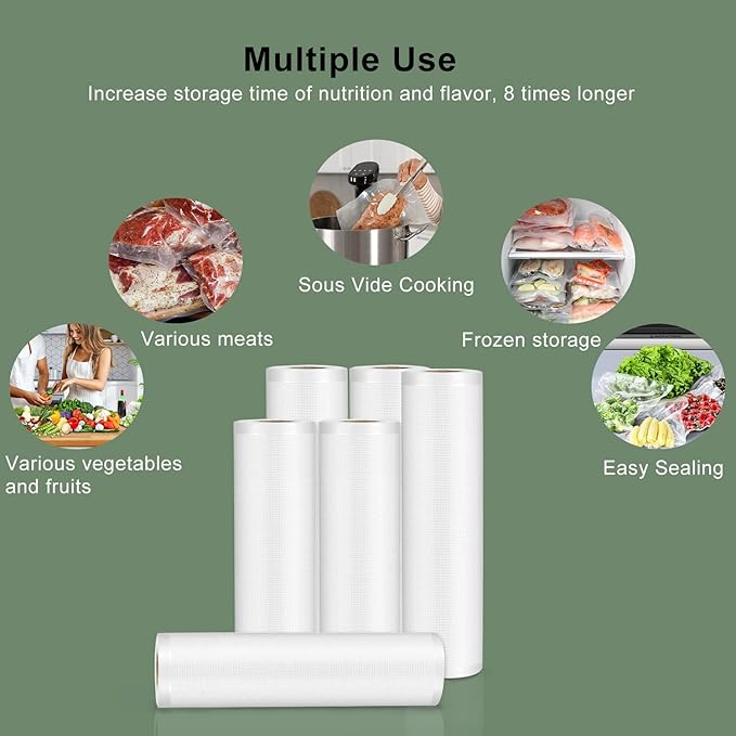 Precision Multi-layer Vacuum Sealer Bags Rolls, 8" x 20'(3 Rolls) and 11" x 20' (3 Rolls), BPA-Free Commercial Grade, Food Preservation, Food Vacuum Sealer Bags for Sous Vide and Freezer Storage