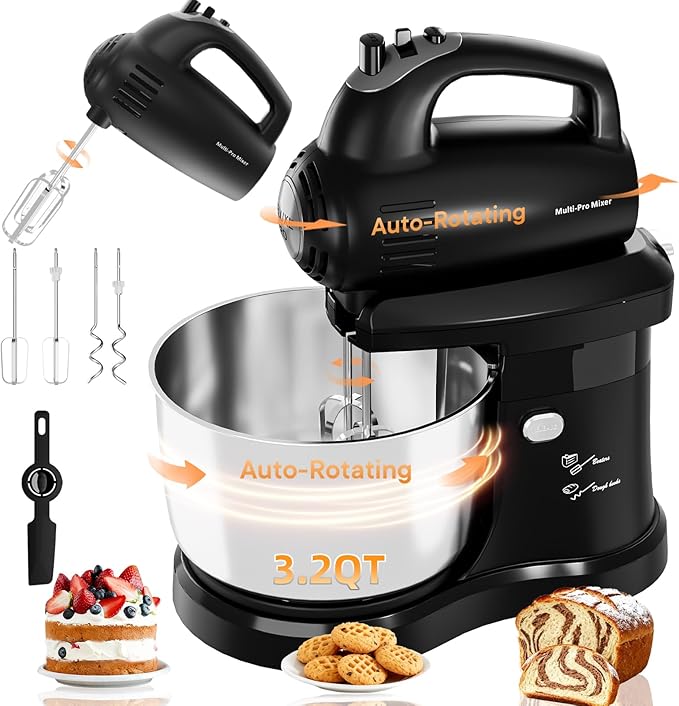 Stand Mixer Hand Mixer Electric Kitchen - 3.2 QT Auto-Rotating Bowl & Beater Small Standing Mixer, 5-Speed Tilt-Head Household Mixer with Beaters& Dough Hooks for Baking, Black