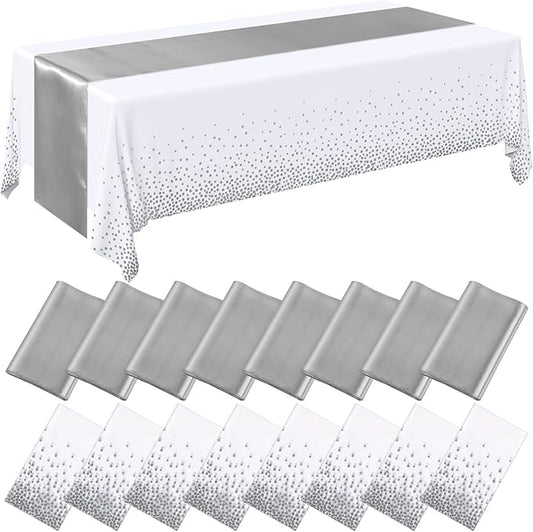 Tudomro 16 Pieces White and Silver Disposable Plastic Tablecloths and Satin Table Runner Set 54x108 Inch Tablecloth 12x108 Inch Table Runners for New Year Wedding Birthday Baby Shower Graduation