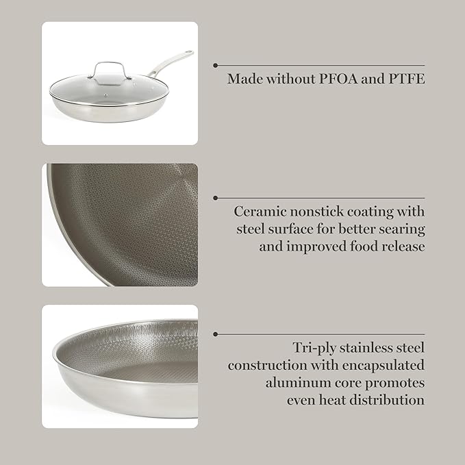 Martha Stewart Badgley Hybrid Nonstick 12 Inch TriPly Stainless Steel Large Fry Pan With Lid & Stay Cool Handle - Laser Etched Non-Toxic Perfect Sear Nonstick Skillet - Dishwasher and Induction Safe