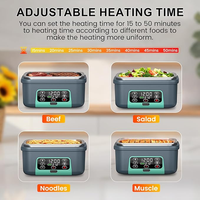 Cordless Electric Heated Lunch Box, XL 6.3Cups 20000mAh Rechargeable Food Warmer Lunch Box with Self Heating, Smart Timer, Adjustable Temperature, Leakproof, BPA Free, Removable Tray Divider