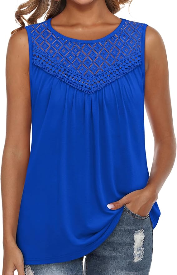 XIEERDUO Womens Tank Tops Sleeveless Lace Crochet Boho Tops Loose Fit Pleated Tunics Crewneck Summer Vacation Outfits Flowy