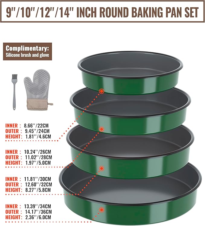 Round Baking Cake Pans Set Roasting Dish 4-Pack 9/10/12/14 Inch Enamel Non Stick Large Cookware for Cake Bread Pie Pizza Turkey Steak, Non-Toxic Carbon Steel Oven Dishwasher Safe Christmas Bakeware