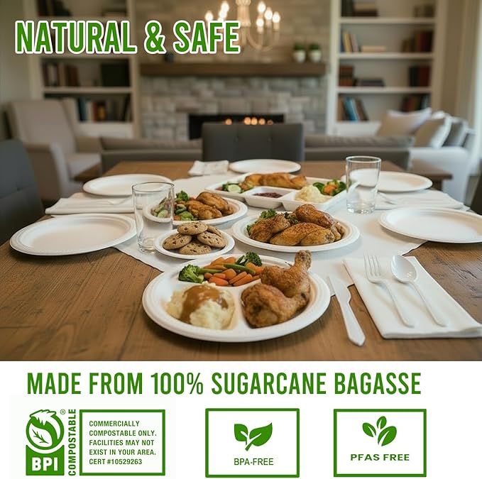 Compostable Heavy Duty Disposable Oval Paper Plates, 75 Count | 12.5 Inch | Natural Bagasse, Biodegradable Eco-Friendly Sugarcane BBQ, Party, Gathering, Picnic White Sugarcane Tray