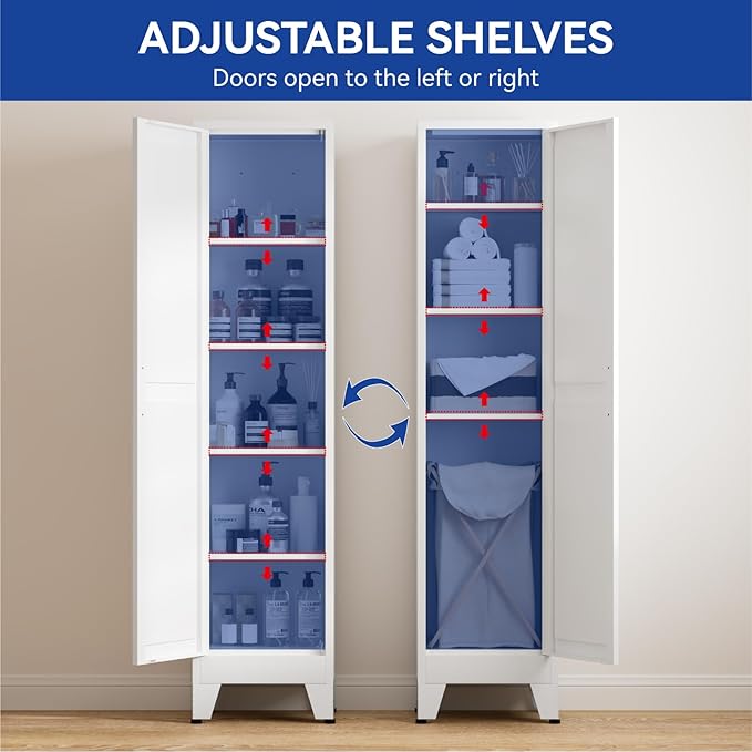 COFaR 67'' Tall Slim Bathroom Storage Cabinet, Metal Narrow Bathroom Cabinet with 4 Adjustable Shelves and One Door, Skinny Cabinet Storage for Kitchen Laundry, White Farmhouse 5 Tiers