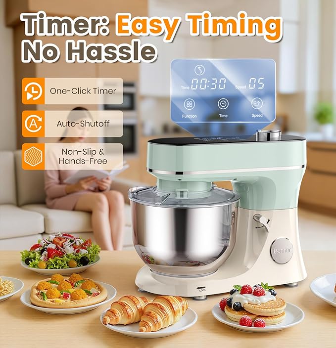 Stand Mixer, 6QT Electric Kitchen Mixer for Baking Cakes & Dough, LED Smart Touchscreen, 11-Speed Tilt-Head & Timer, 4 Presets, Mixer with Bowl, Dough Hook/Whisk/Beater, Green