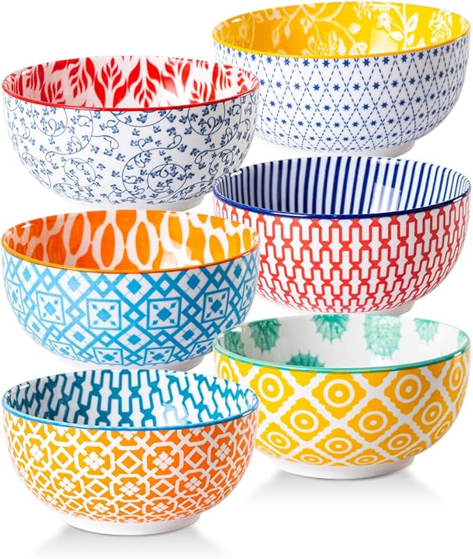 Cerkik Ceramic Dessert Bowls Set - Small 11 Oz Porcelain Ice Cream Bowls for kitchen - 4.7 Inch Cereal Bowls for Salad, Fruits, Ramen - Microwave Dishwasher Safe - Set of 6 - Assorted Colors