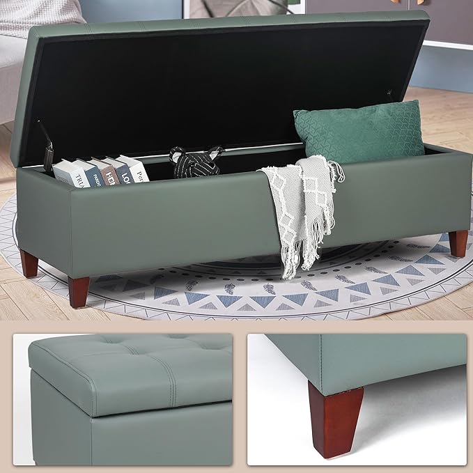 DECO DE VILLE Ottoman with Storage, 51 Inch End of Bed Storage Ottoman Bench, Faux Leather Upholstered Ottomans with Hinged Lid, Rectangle Long Foot Rest Bench for Living Room Bedroom Light Green