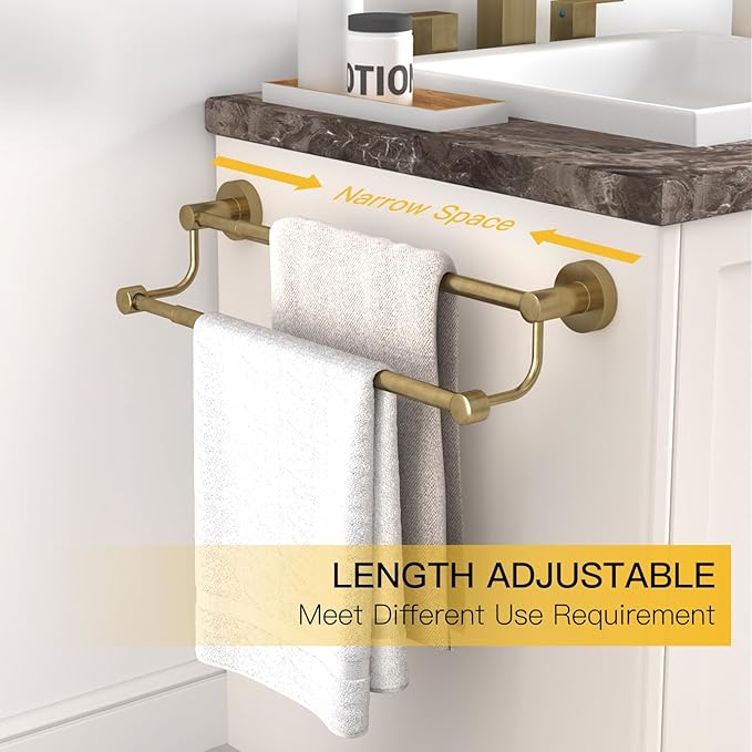 BESy Adjustable 16-26 Inches Double Bath Towel Bar for Bathroom SUS304 Stainless Steel Towel Holder, Hotel Style Wall Mount with Screws Hand Towel Bar Towel Rack Rod Hanger, Antique Brass