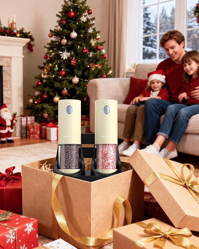 Electric Salt and Pepper Grinder Set - Automatic Refillable Salt and Pepper Grinders with Charging Base & LED Light, 6-Level Adjustable Coarseness with External Dial, Ideal Kitchen Gadget竊똁eige
