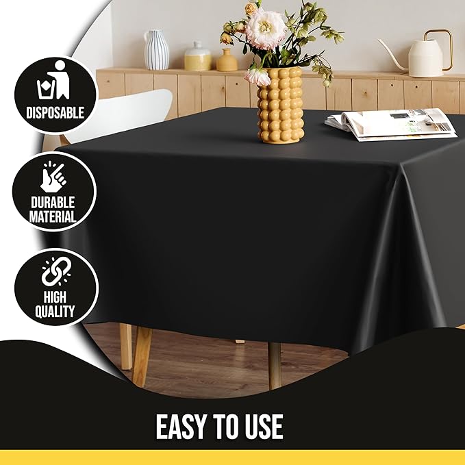 Party Solids 12-Pack Black Square Plastic Disposable Tablecloth ??Size: 52 횞 52 Inches ??Square Table Cover for Parties, Picnics & Formal Events