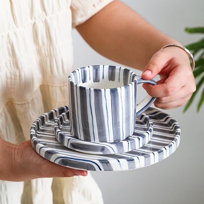 Retro Striped Hand-Painted Ceramic Mark Hand-Held Cup, Retro Striped Ceramic Coffee Mug, 9 oz Hand-Painted Stripeds Ceramics Coffee Mug with Cups, Saucers and Plates (Blue)