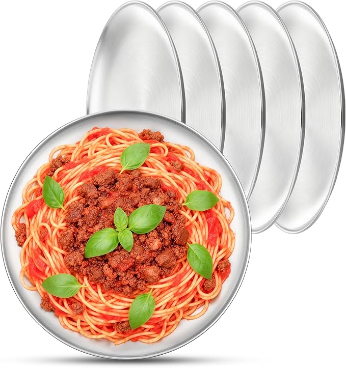 Metal Dinner Plate, 6 Pack 10.2 inch Large 201 Stainless Steel Plates, Reusable Lunch Salad Pizza Food Serving Snack Eating Dishes Round Brushed Finish Silver Sturdy Dish Oven Dishwasher Safe