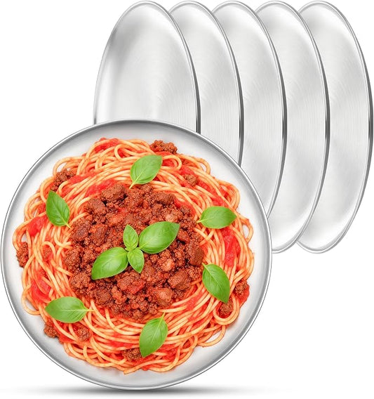 Metal Dinner Plate, 6 Pack 10.2 inch Large 201 Stainless Steel Plates, Reusable Lunch Salad Pizza Food Serving Snack Eating Dishes Round Brushed Finish Silver Sturdy Dish Oven Dishwasher Safe