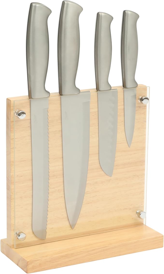 Oster Baldwyn 5-Piece Stainless Steel Knife Block Set with Wood Magnetic Stand ??Countertop Display & Knife-Safe Storage