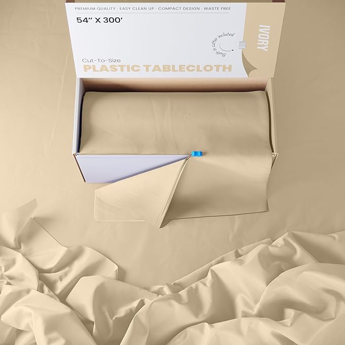 Party Solids 54 Inch X 300 Feet Ivory Plastic Table Cover Roll in A Cut - to - Size Box with Convenient Slide Cutter. Cuts Up to 36 Rectangle 8 Feet Plastic Disposable Tablecloths