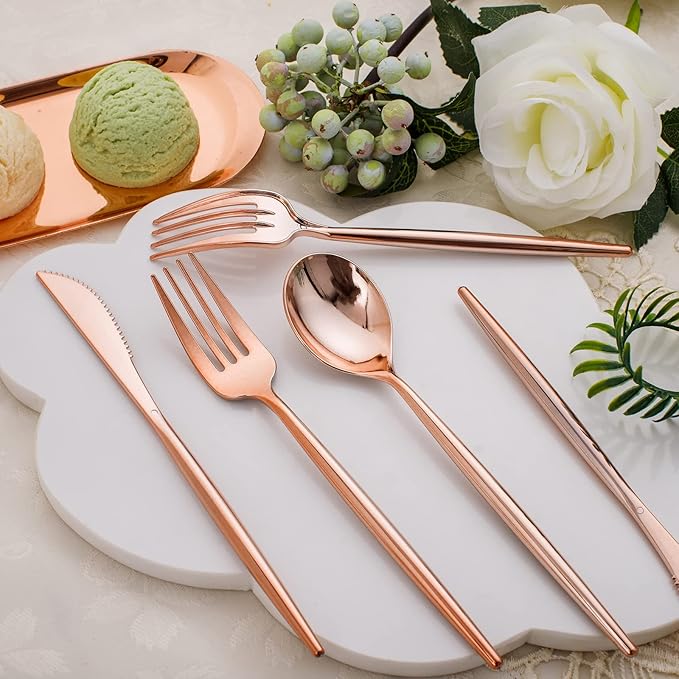 SUT 150Pcs Rose Gold Plastic Silverware, Disposable Cutlery Set, Heavy Duty Plastic Flatware Set竊똃isposable Rose Gold Utensils Include 50 Forks,50 Spoons, 50 Knives Perfect for Party