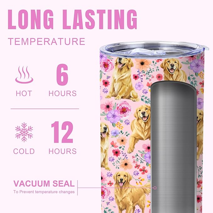 Yogusut Golden Retriever Gifts for Women, 20oz Stainless Steel Insulated Tumbler Travel Mug Cup with Lid Straw Brush, Gifts for Dog Mom Dog Lover