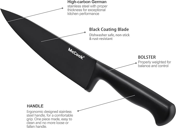 McCook짰 Premium Black Knife Sets,German Stainless Steel Kitchen Knives Block Set with Built-in Sharpener