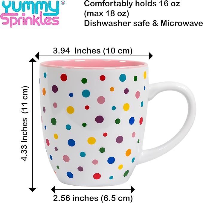 Cherry Blossom Pink Cute Mug with Confetti Rainbow Sprinkles | Birthday Cake Coffee Cup Gift | Large Ice cream Cup | Dunkin Donuts Coffee Mugs With Fun Polka Dot Pattern
