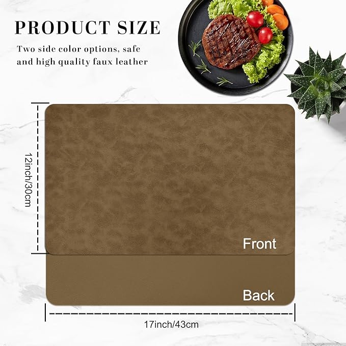 BLESWIN Faux Leather Placemats, Set of 6, 12횞17 Inch -Double Side Texture Color Table Mats, Heat-Resistant, Waterproof and Oil-Resistant, Suitable for Dining Room, Kitchen, Party, Outdoor - Khaki