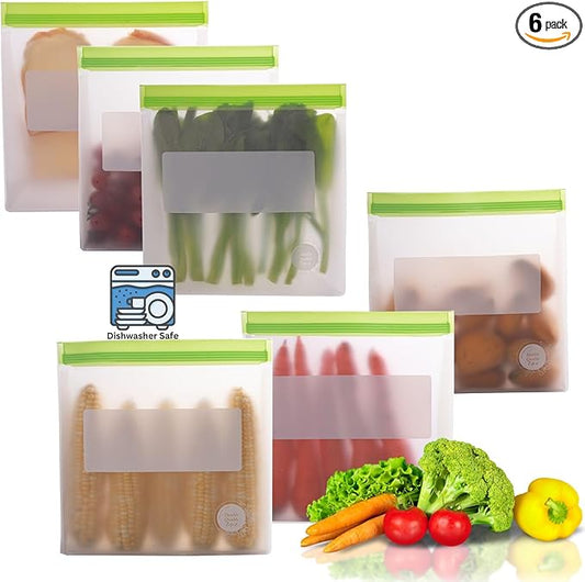Reusable Food Storage Bags ??6-Pack Stand-Up, BPA-Free, Freezer, Dishwasher Safe & Eco-Friendly ??6 Gallon Bags ??Airtight Leakproof, Organization and Storage Baggies (Multicolor (Green))