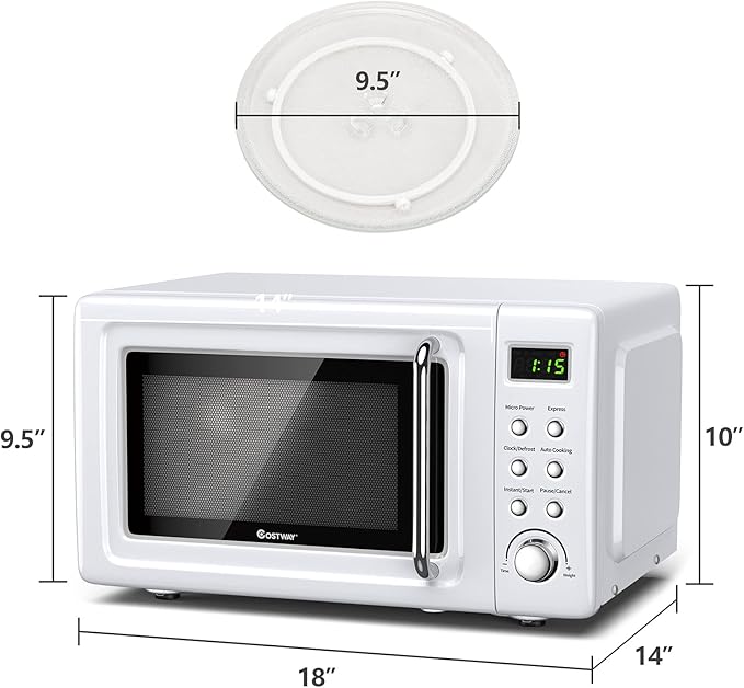 COSTWAY Retro Countertop Microwave Oven, 0.7Cu.ft, 700-Watt, High Energy Efficiency, 5 Micro Power, Delayed Start Function, with Glass Turntable & Viewing Window, LED Display, Child Lock (White)