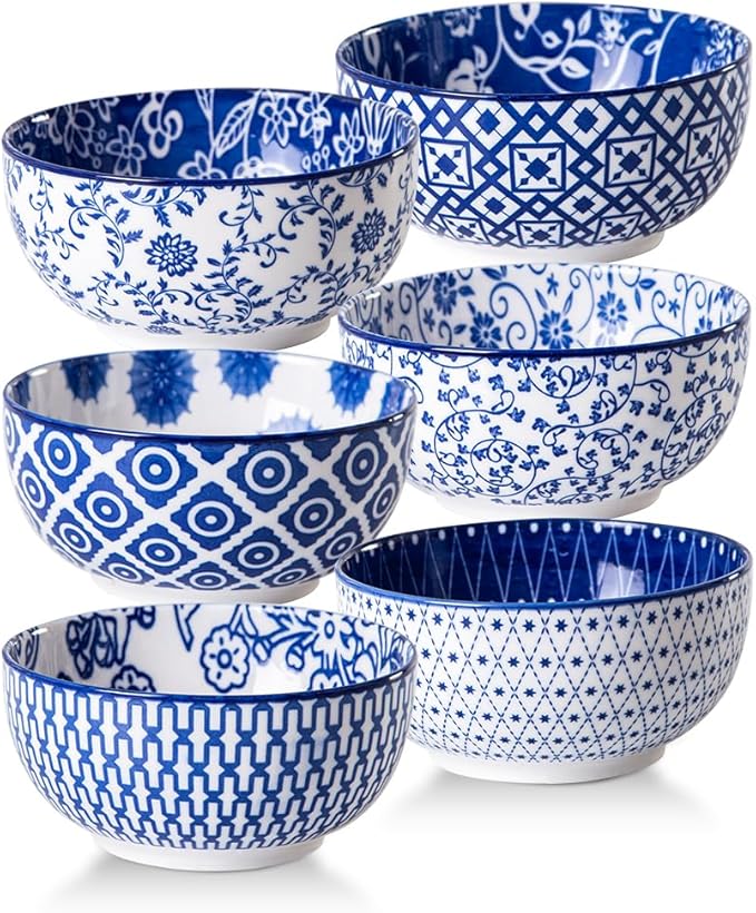 Cerkik Ceramic Dessert Bowls Set - 11 Oz Small Ice Cream Bowl for kitchen - 4.7 Inch Porcelain Cereal Bowl for Fruits, Salad, Side Dishes, Ramen - Microwave Dishwasher Safe - Set of 6 - Vintage Blue