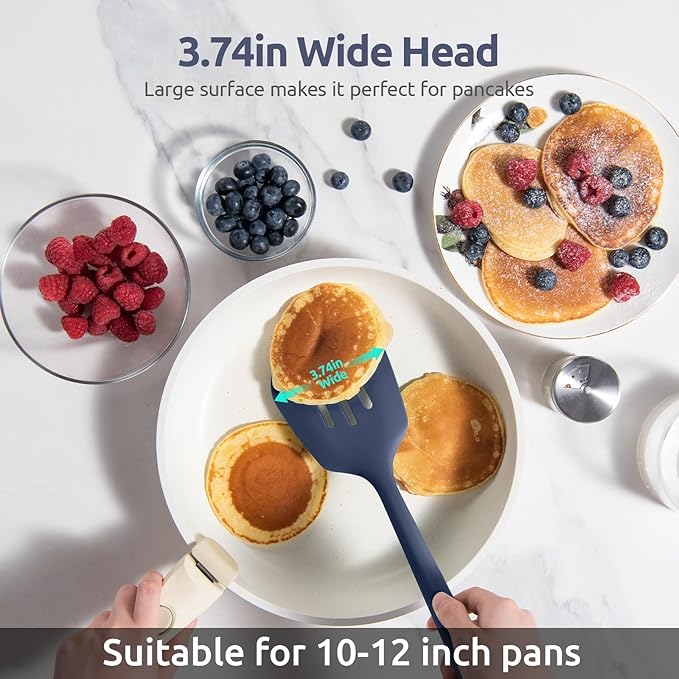 600쨘F Heat Resistant Slotted Turner: U-Taste 13.6" Silicone Kitchen Spatula Flipper, 3.74in Wide Food Grade Flexible Rubber Cooking Utensil for Egg, Pancake, Cookie, Nonstick Cookware-Midnight Blue