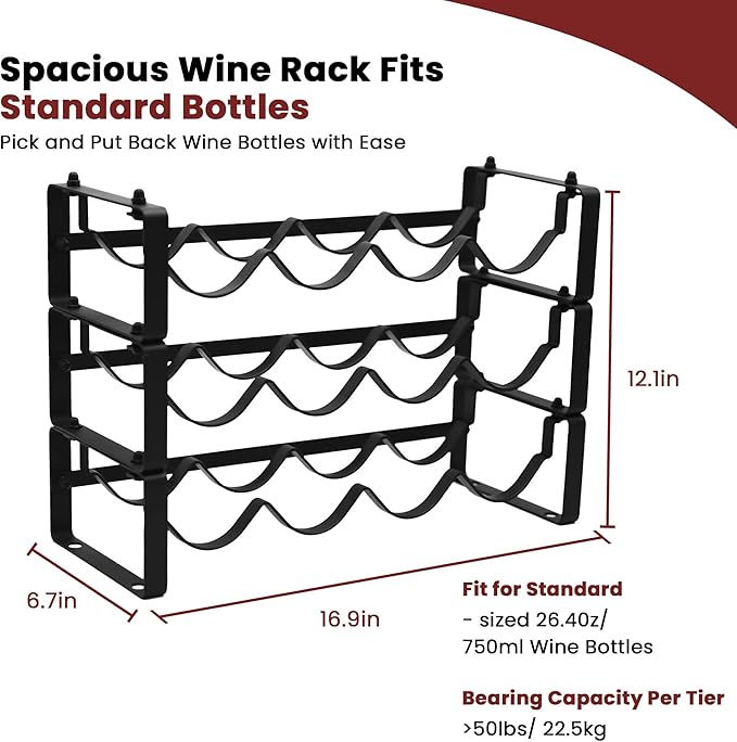 Black Wine Rack for 12 Bottles ??Stackable & Expandable Metal Wine Bottle Holder for Bar Counter, Cabinet, Pantry, or Small Spaces ??Modern Freestanding Wine Storage Shelf (3 Tier, Black)