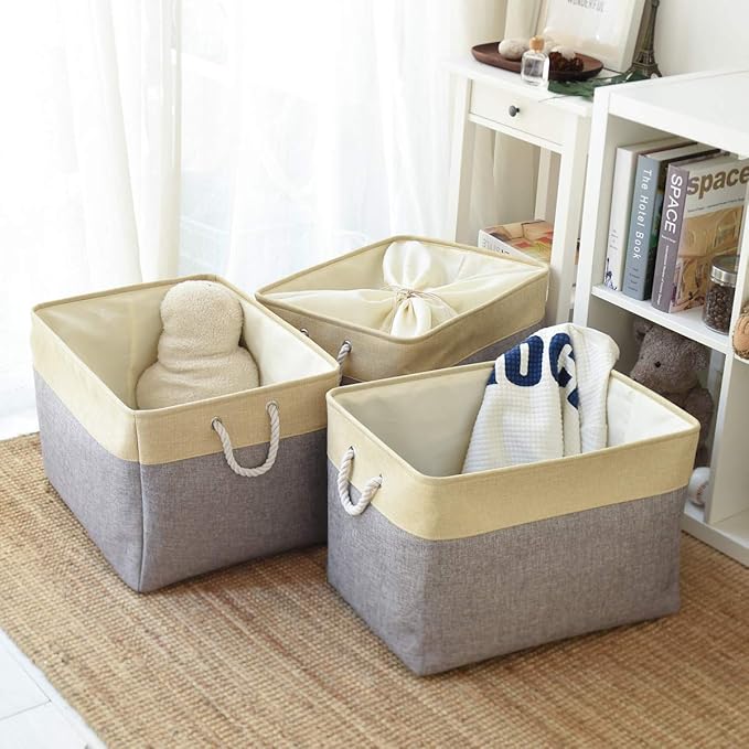 TheWarmHome Storage Baskets for Organizing, Extra Large-3Pack, 17.7L횞13.8W횞9.8H inch Large Sturdy Storage Bins, Decorative Storage Baskets for Shelves Closet Nursery (Gold&Grey)