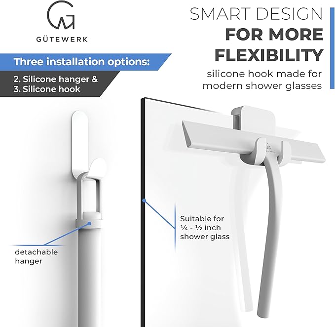G횥TEWERK Shower Squeegee for Glass Doors, Silicone Window Squeegee, Bathroom and Glass Cleaning - White - 9 Inch