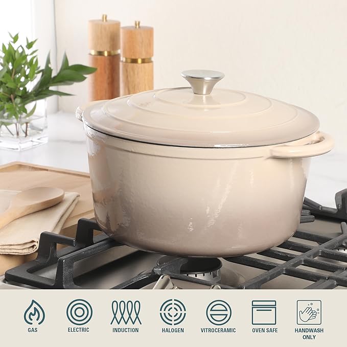Gibson Home Addlestone 7 Qt Enameled Cast Iron Dutch Oven Pot with Lid ??Round, Oven Safe to 500째F, Ideal for Bread Baking & Stews - Gradient Taupe