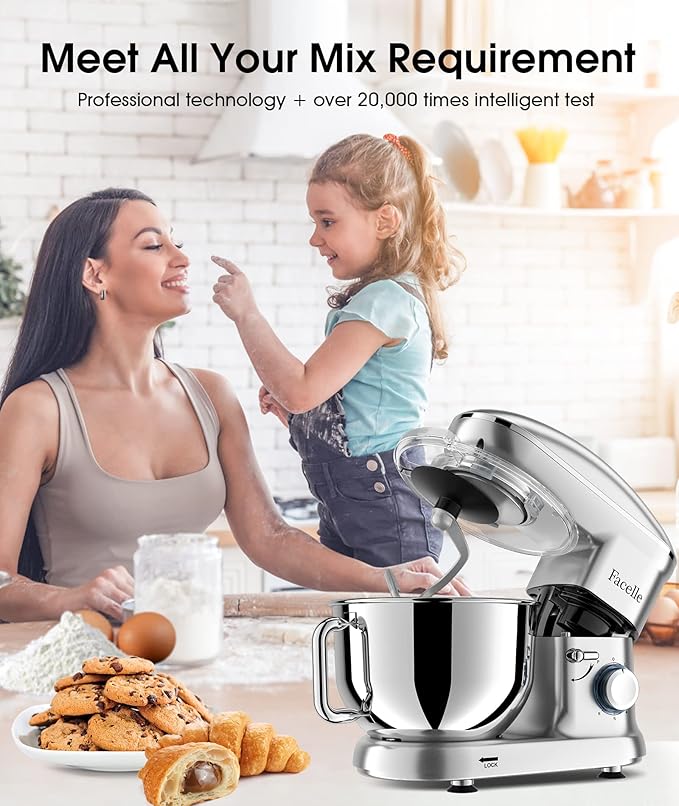 Facelle Stand Mixer, Electric Kitchen Mixer, 660W 6 Speed Tilt-Head stand mixer with Pulse, Attachments include 6.5QT Bowl, Dishwasher Safe Beater,Dough Hook,Whisk for Dough,Baking,Cakes,Cookie-Silver