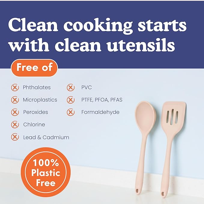 Non-Toxic Platinum Silicone Kitchen Utensil Set of 4 ??Non-Scratch Cooking Spoon & Spatula, 100% Plastic Free, Stainless Steel Core, Heat Resistant 500째F, Beige