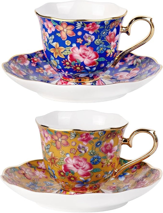 KAMMAK Tea Cups and Saucers Set of 2, Porcelain Coffee Cups with Saucer for Espresso, Cappuccino, 6.3oz Vintage Gold and Blue Ceramic Novelty Mug for Home, Tea Party, Office