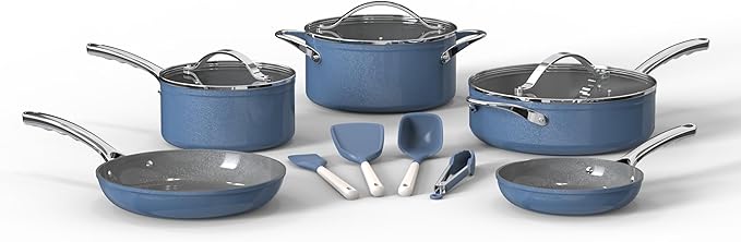 Bakken 12-Piece Aluminum Cookware Set with Ceramic Nonstick Coating, PTFE & PFAS Free, All Stovetop Safe Up To 500째F, Pots and Pans Set with Lids, Silicone Utensils Included, Dishwasher Safe, Blue