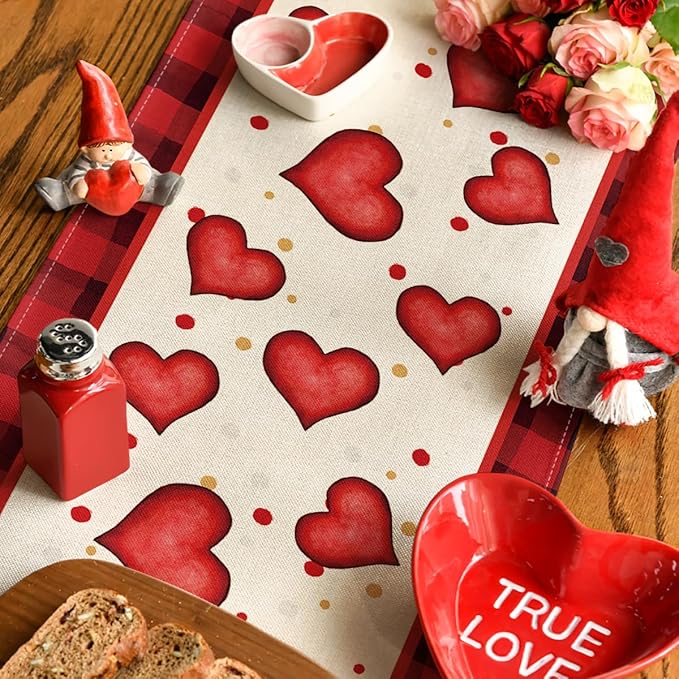 Artoid Mode Red Watercolor Hearts Gnomes Love Valentine's Table Runner, Seasonal Anniversary Wedding HoliKitchen Dining Table Decoration for Indoor Outdoor Home Decor 13 x 90 Inch