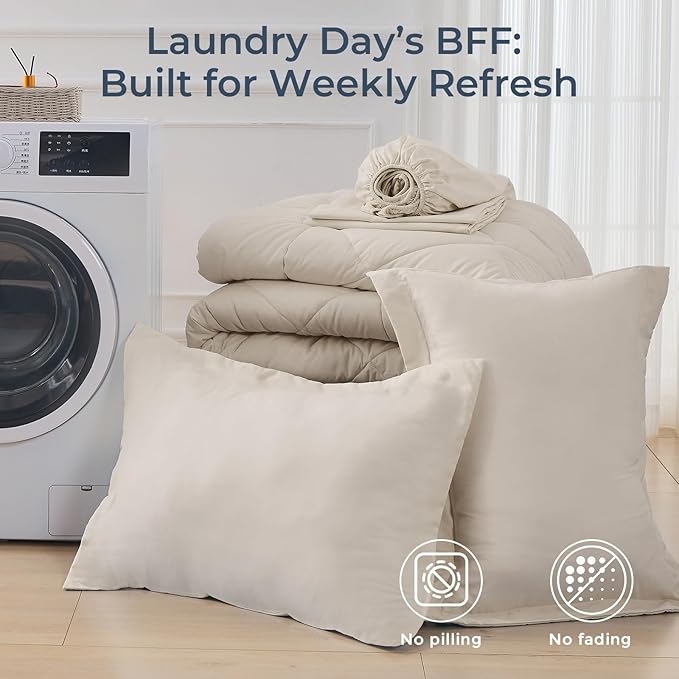 HEVUMYI Beige Tan Twin Comforter Set - 5-Piece All Season Bed in a Bag Twin, Ultra Soft Bedding Set with Comforter, Flat Sheet, Fitted Sheet, Pillowcases, Pillow Shams, Beige Tan