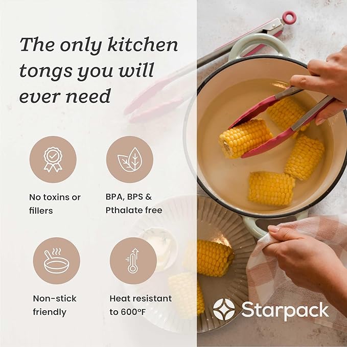 Starpack 'Get a Grip' Silicone Kitchen Tongs for Cooking (2Pcs) - BBQ Tongs for Grill Heat Resistant to 600째F - Stainless Steel Kitchen Utensils w/Non Stick Silicone Tips - 9",12" for Serving Food