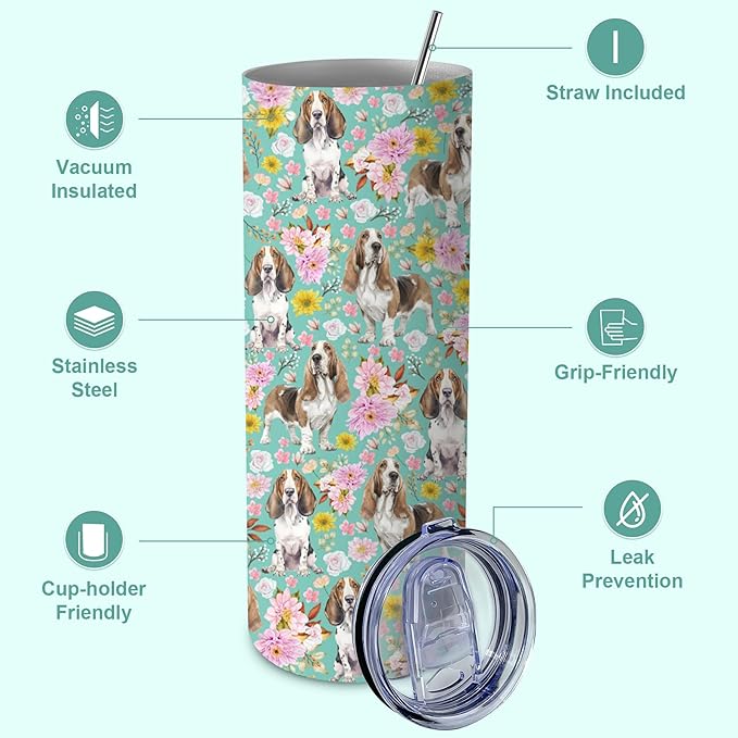 Yogusut Basset Hound Gifts for Women, 20oz Stainless Steel Insulated Tumbler Travel Mug Cup with Lid Straw Brush, Gifts for Dog Mom Dog Lover