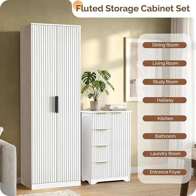 VINGLI Fluted Sideboard Buffet Cabinet, Modern White Wood Storage Console with Doors and Drawers, Multi-Function Storage Cabinet for Living Room, Dining Room, Kitchen, White