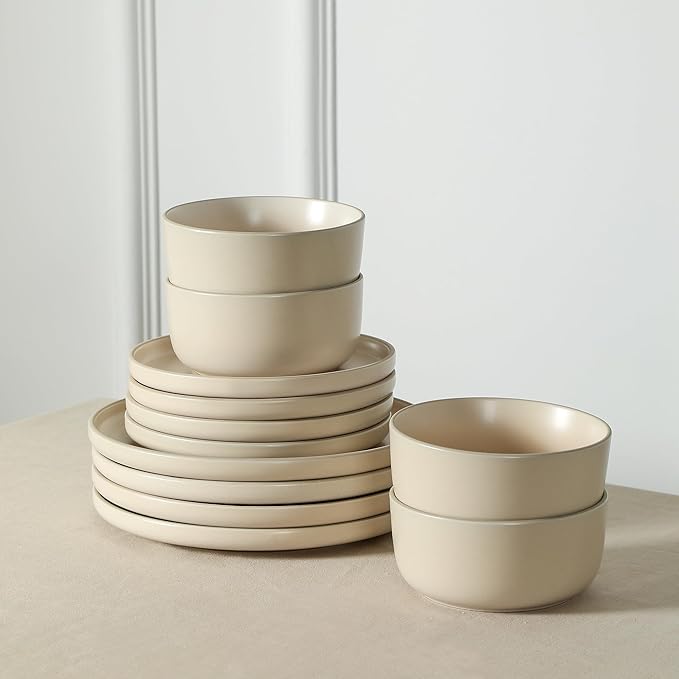 Earth & Clay Amber 12-Piece Dinnerware Set Stoneware, Dishwasher and Microwave Safe Plates and Bowls Set, Dish Set for 4, Beige