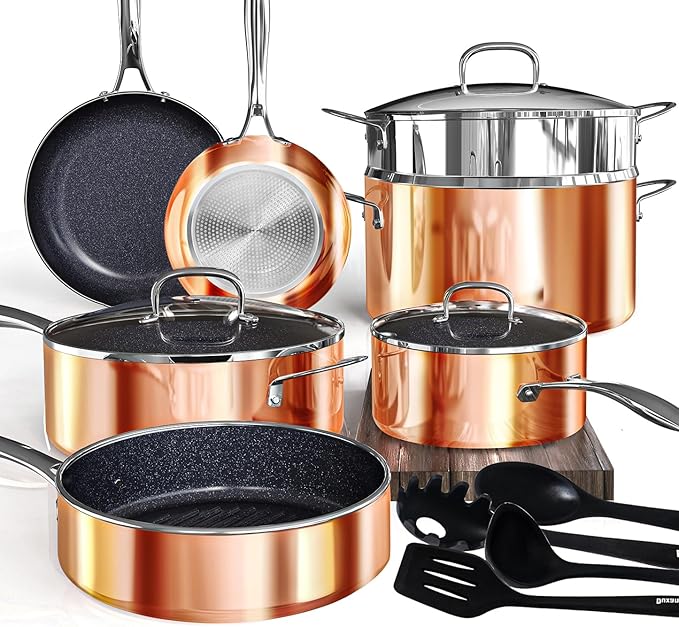 Deluxe DUXANO 14PC Healthy Pots and Pan With 9H Anti-scratch Coating, 2-Layer Non-Stick Ceramic&PFAS Free (Copper)
