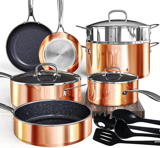 Deluxe DUXANO 14PC Healthy Pots and Pan With 9H Anti-scratch Coating, 2-Layer Non-Stick Ceramic&PFAS Free (Copper)