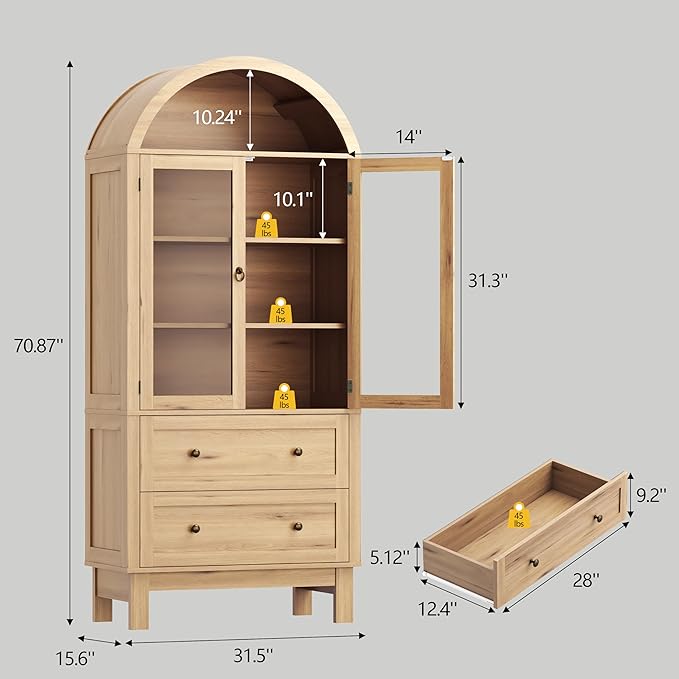 Arched Cabinet with Glass Doors, 71" Tall Freestanding Pantry Cabinet with 2 Large Drawers and Adjustable Shelf, Farmhouse Wood Storage Cabinets, Versatile Cupboard for Kitchen, Dining Room, Natural
